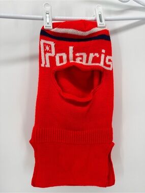 Vintage Knit Red and White Polaris balaclava embroidered snowmobiling hat.